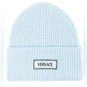 NEW Versace Rib knit 100% wool beanie in blu
